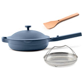 Our Place Always Pan 2.0 in Blue Salt with steam-release lid for versatile one-pan meals.