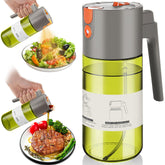 OurCabecue Upgrade 2-in-1 oil sprayer in green bottle delivers a fine mist for dressings.