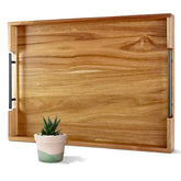 OurMiao 22-inch acacia wood tray top view shows a sturdy surface for serving drinks.