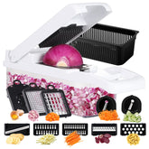 Ourokhome 14-in-1 vegetable chopper image showcases fast prep with an integrated strainer basket.
