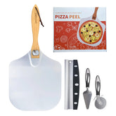 OVTHMT pizza peel with wooden handle lifting a hot pizza for easy oven transfer