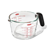 OXO Good Grips 4-Cup Glass Measuring Cup front view shows clear measurement marks for precise pours.
