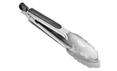 OXO Good Grips 9-inch tongs in brushed stainless steel, durable for everyday cooking.