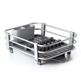 OXO Good Grips dish rack with rustproof aluminum frame dries dishes efficiently.