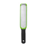 OXO Good Grips etched zester handle close-up highlighting comfortable grip for zesting.