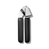 OXO Good Grips garlic press front view shows sturdy stainless steel design for easy crushing