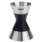 OXO SteeL Double Jigger top view highlights two-sided design for precise pours.