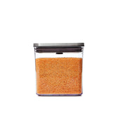 OXO Steel POP cereal container on countertop with airtight seal for freshness.