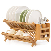 Oyydecor bamboo dish drying rack top view showing two-tier capacity for plates.
