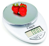 Ozeri Pro Digital Kitchen Scale chrome base shows precise ingredient measurements.
