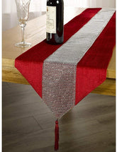 OZXCHIXU diamante-strip table runner in red adds subtle sparkle to dining
