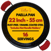 Paelluxe Paella Pan top view shows enamelled rust-free surface for easy cleanup