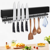 Pailexin 17-inch magnetic knife strip with hooks keeps knives organized and accessible.