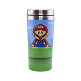 Paladone Super Mario Warp Pipe Travel Mug front view, ideal for hot coffee on the go.