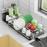 Pantasia dish drying rack extended on counter for versatile kitchen sizing