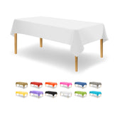 Party Dimensions white disposable tablecloth on a rectangle table for easy setup.