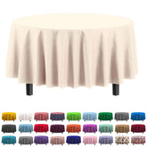 Party Solids ivory round tablecloth draped on a dining table for elegant events.