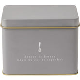 Passionate Penny Pincher recipe tin in grey with gold interior showcases durable, stylish storage.