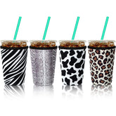 Patelai 4-pack iced coffee sleeves with animal-print pattern 1, keeps hands dry and drinks stable