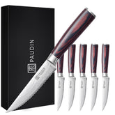 PAUDIN steak knives 6-set serrated blade close-up highlights clean cuts for juicy steaks