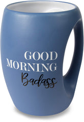 Pavilion Good Morning Badass mug in navy blue with 16 oz capacity and a comfortable hand-warming grip