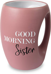 Pavilion Good Morning Sister pink 16oz mug ready for cozy morning rituals.