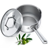 PekGema 2.5-quart stainless saucepan with glass strainer lid for easy draining.