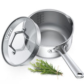 PekGema 3qt stainless steel saucepan with glass strainer lid for easy draining