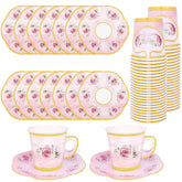 Peony Man pink floral tea cups with gold rim for elegant tea parties.