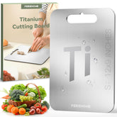 PEREHOME titanium cutting board with handle view showing secure grip during chopping