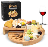 PERLLI bamboo cheese board with a 360° rotating top for easy sharing at gatherings.