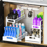 Petiza metal under sink organizer with pull-out shelf for easy access.