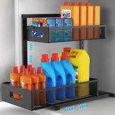 Petiza under-sink organizer with left slide for easy access in tight cabinets.
