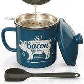 PGYARD bacon grease container with strainer in blue enamel for clean oil storage.