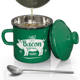 PGYARD mini bacon grease container with strainer in enamel green for easy oil filtration.
