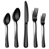 PHILIPALA 20-piece black silverware set laid out for a full dining setting, ideal for everyday meals.