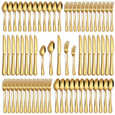 Philipala gold flatware set on table, twelve-place setting with mirror polish for upscale dinners