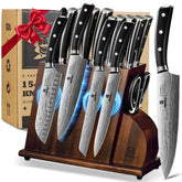 Piklohas 15-piece magnetic knife set with damascus pattern for precise slicing.