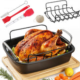 PinAmigos large roasting pan with rack for even heating and easy cleanup.