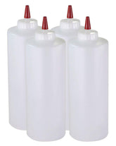 Pinnacle Mercantile 32oz condiment bottles with red caps for easy pouring and mess-free service.