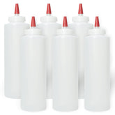 Pinnacle Mercantile 6-pack squeeze bottles with red tips; easy to fill and pour.