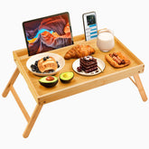 Pipishell bamboo bed tray with folding legs, close-up of sturdy construction.