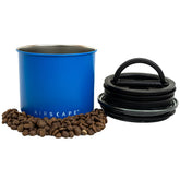 Planetary Design Airscape small coffee canister with matte blue finish seals freshness for aromatic beans.