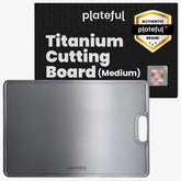 Plateful titanium cutting board with juice groove for cleaner, mess-free prep.