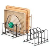 PLUVON pot lid organizer rack front view showing sturdy 4-slot design.