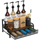 PONEYA coffee syrup rack top view shows organized syrups and pods.