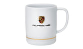 Porsche Crest porcelain cup front view with gold ring, ideal for daily coffee rituals.