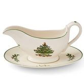 Portmeirion Spode Christmas Tree gravy boat with stand on festive tray for holiday sauces