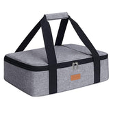 Poruary casserole carrier top view shows expandable main compartment for hot or cold meals
