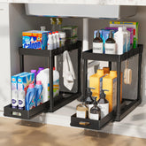 POUGNY 2-pack pull-out under-sink organizer keeps supplies organized.